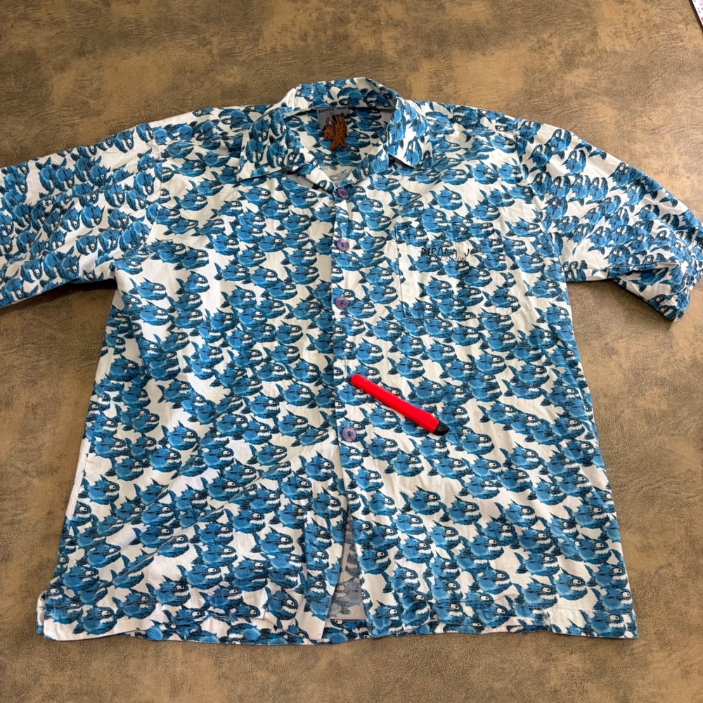 Pirana Joe Button Down Shirt Mens L White Blue Piranha Fish Print Cancun Cotton